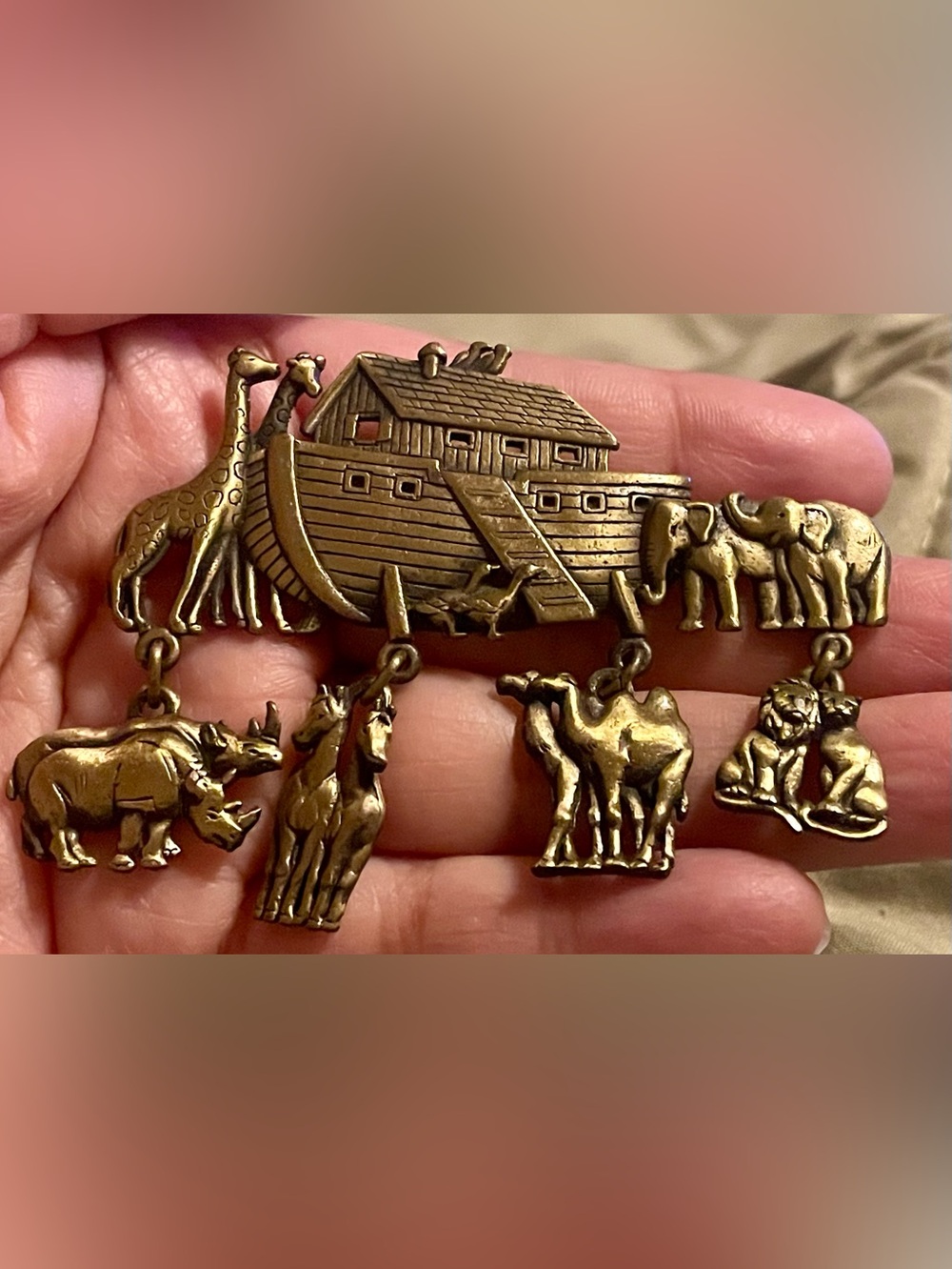 Noah's Ark Animal Charm Brooch in Brass Tone